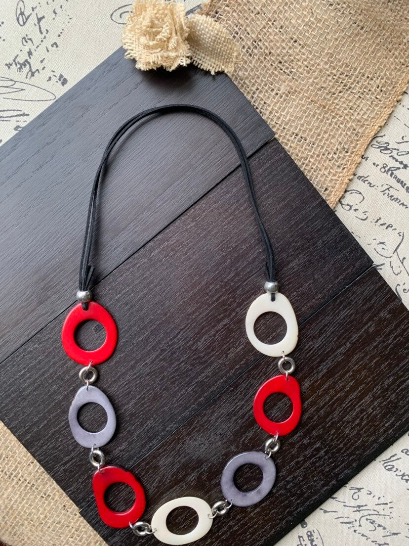Tagua necklace Red white and gray statement necklace Holidays fashion trends Anniversary gifts for wife Handmade beaded Christmas gifts