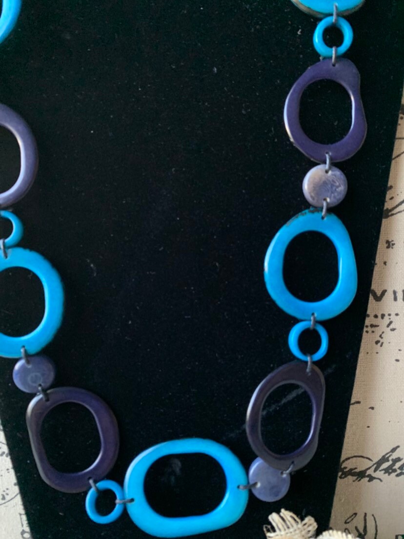 Turquoise blue necklace Statement geometric jewelry Handmade donut shape bead Spring fashion trends Anniversary gifts for wife Beach wedding