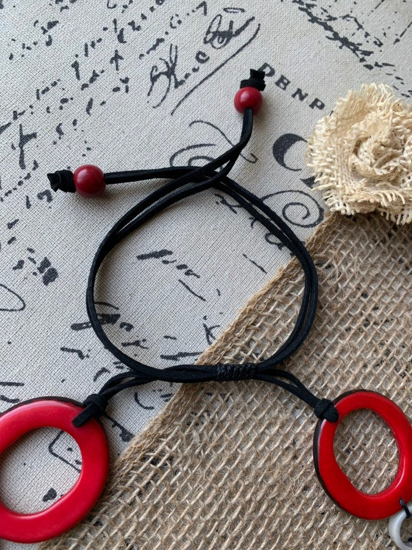 Red white and gray Tagua necklace Anniversary gift for wife Statement geometric jewelry Donut beads Modern adjustable collar Organic