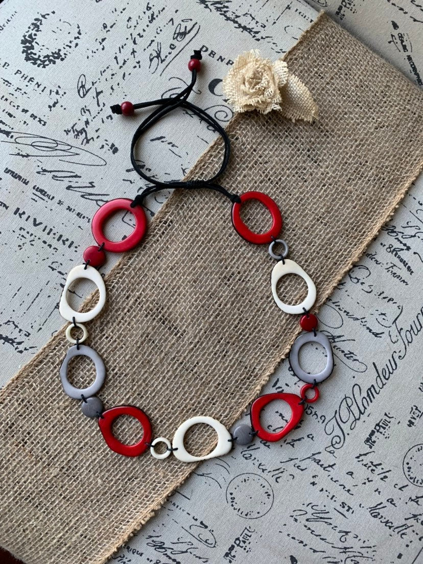 Red white and gray Tagua necklace Anniversary gift for wife Statement geometric jewelry Donut beads Modern adjustable collar Organic
