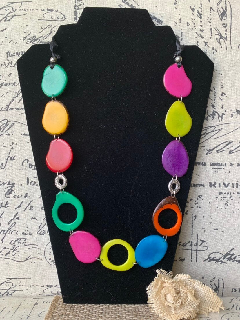 Multi color statement necklace Rainbow Tagua nut necklace Geometric jewelry Big bold chunky necklace Artisan handmade Fall fashion trends