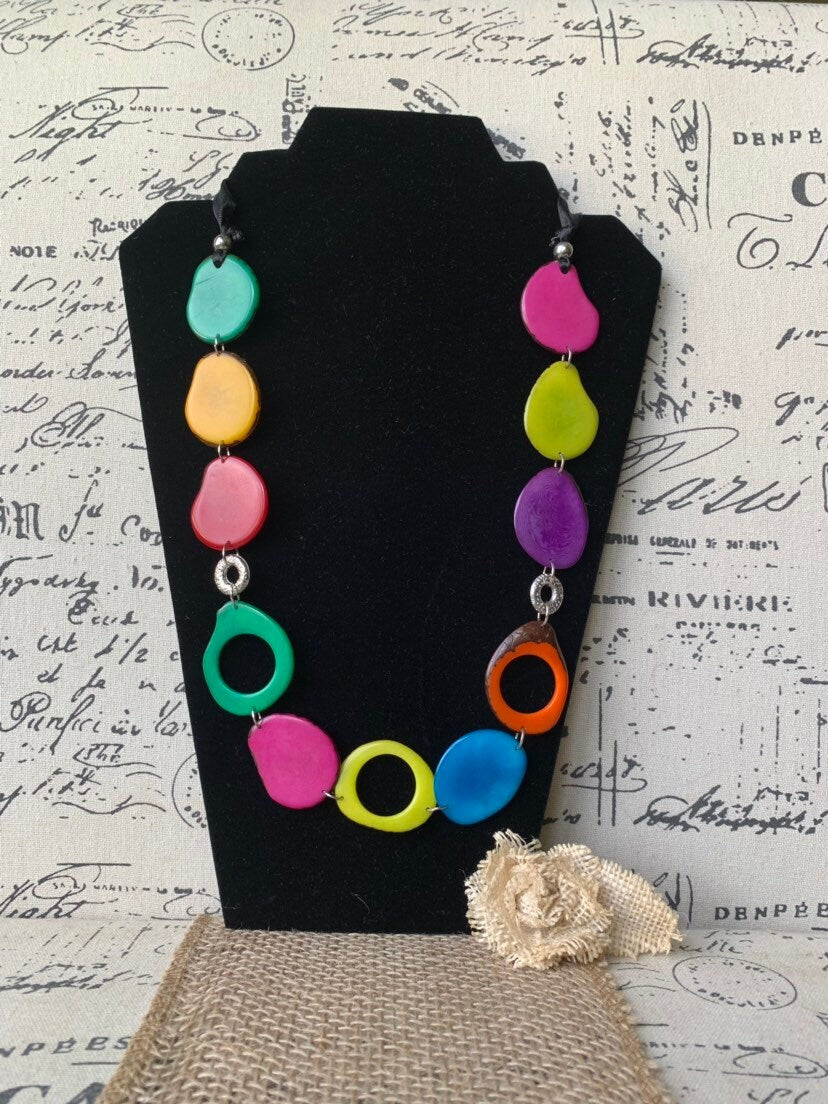 Multi color statement necklace Rainbow Tagua nut necklace Geometric jewelry Big bold chunky necklace Artisan handmade Fall fashion trends