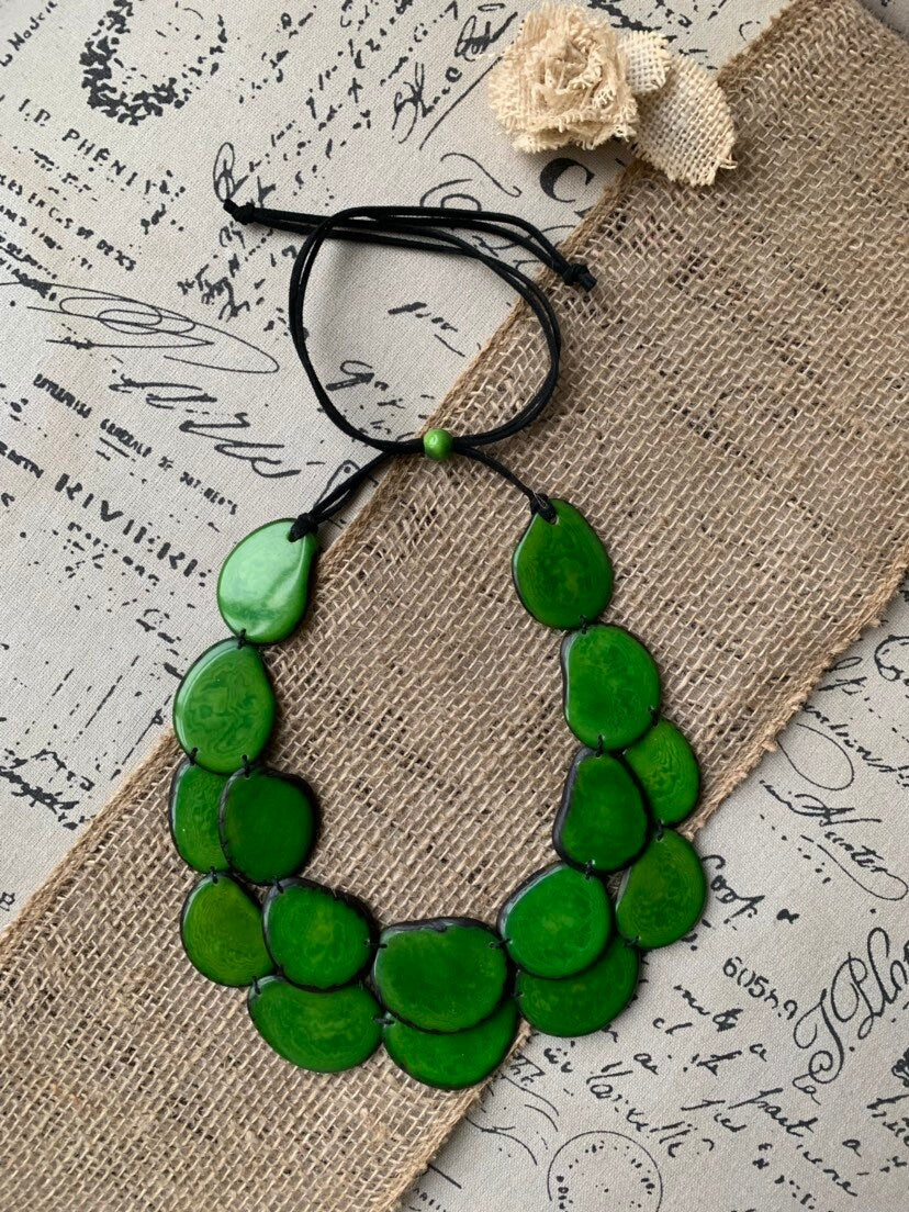 Green statement necklace Tagua nut jewelry Summer beach fashion Big bold chunky necklace Jewelry for bridesmaids Multi layer leather collar