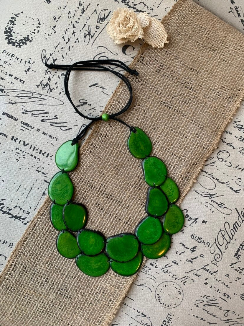 Green statement necklace Tagua nut jewelry Summer beach fashion Big bold chunky necklace Jewelry for bridesmaids Multi layer leather collar