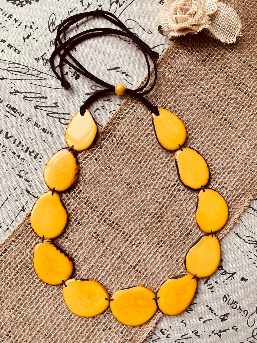 Yellow beaded necklace Tagua nut jewelry Long bib collar with adjustable leather straps Presents from Ecuador for Fall fashion trends