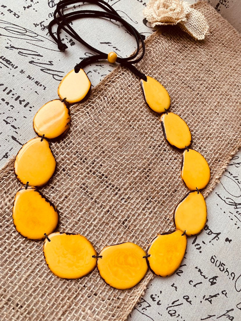 Yellow beaded necklace Tagua nut jewelry Long bib collar with adjustable leather straps Presents from Ecuador for Fall fashion trends
