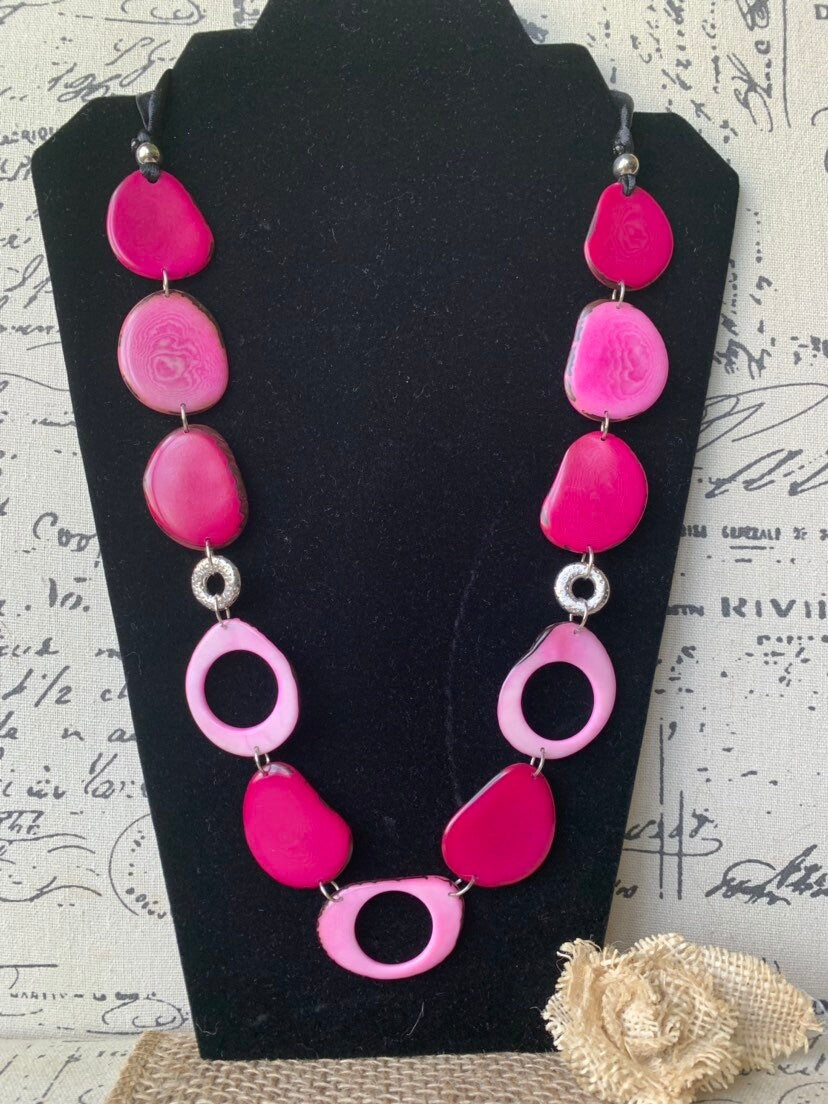 Pink statement necklace Tagua necklace Trendy jewelry for beach Anniversary gift Geometric jewelry Big bold chunky necklace Spring fashion