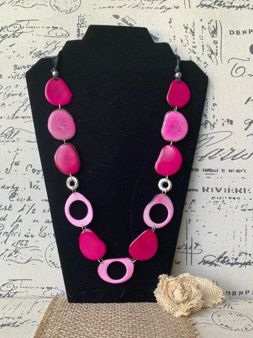 Pink statement necklace Tagua necklace Trendy jewelry for beach Anniversary gift Geometric jewelry Big bold chunky necklace Spring fashion