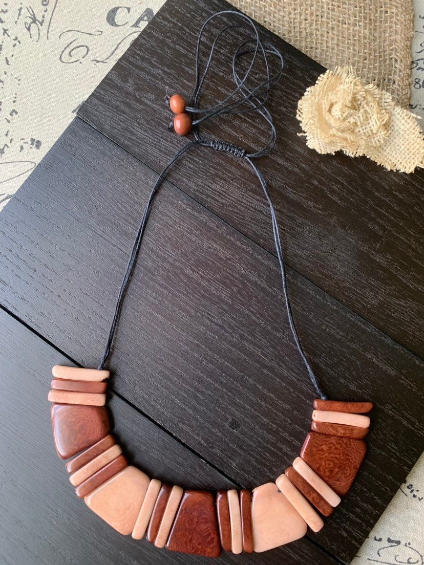 Brown bib necklace Tagua bib collar Fall fashion trends jewelry Anniversary gift idea for wife Artisan handmade Christmas gifts Autumn style