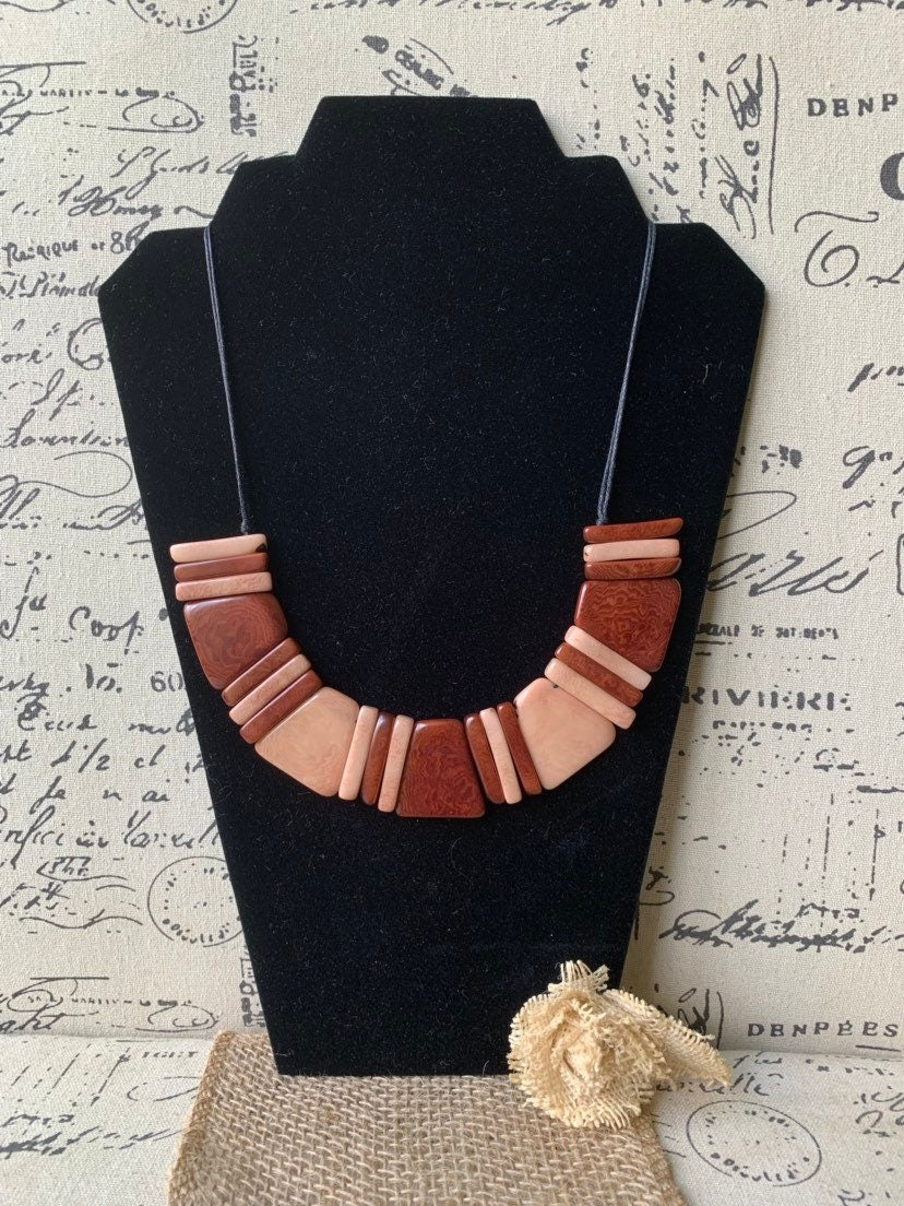Brown bib necklace Tagua bib collar Fall fashion trends jewelry Anniversary gift idea for wife Artisan handmade Christmas gifts Autumn style