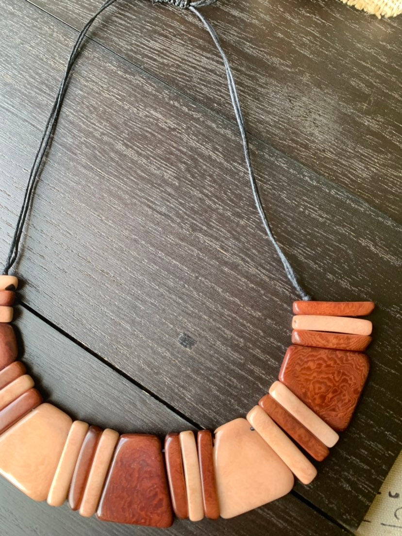 Brown bib necklace Tagua bib collar Fall fashion trends jewelry Anniversary gift idea for wife Artisan handmade Christmas gifts Autumn style