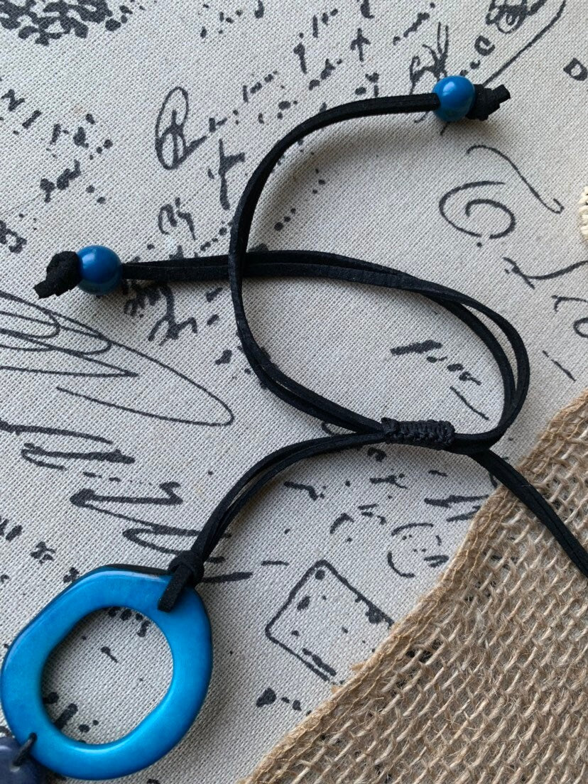 Turquoise blue necklace Statement geometric jewelry Handmade donut shape bead Spring fashion trends Anniversary gifts for wife Beach wedding