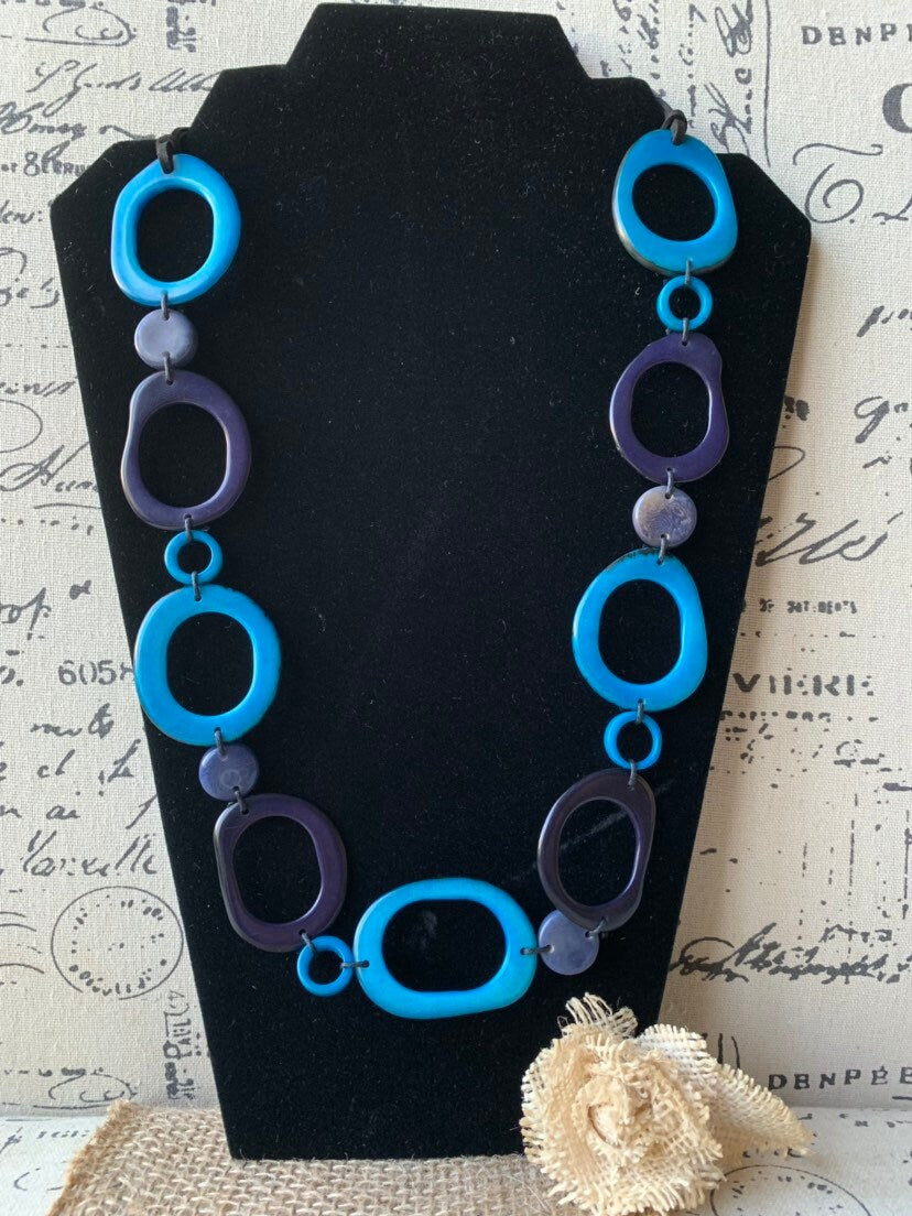 Turquoise blue necklace Statement geometric jewelry Handmade donut shape bead Spring fashion trends Anniversary gifts for wife Beach wedding