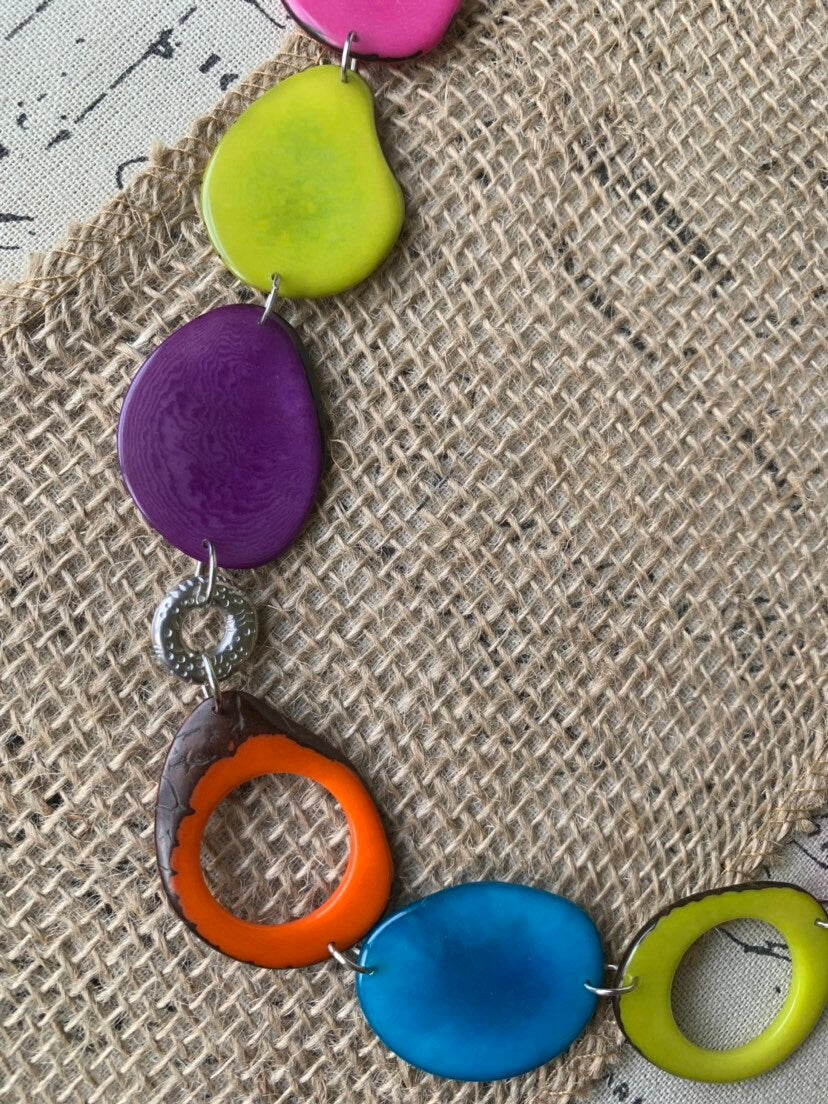 Multi color statement necklace Rainbow Tagua nut necklace Geometric jewelry Big bold chunky necklace Artisan handmade Fall fashion trends