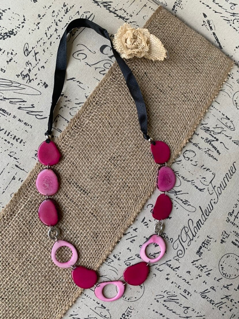 Pink statement necklace Tagua necklace Trendy jewelry for beach Anniversary gift Geometric jewelry Big bold chunky necklace Spring fashion