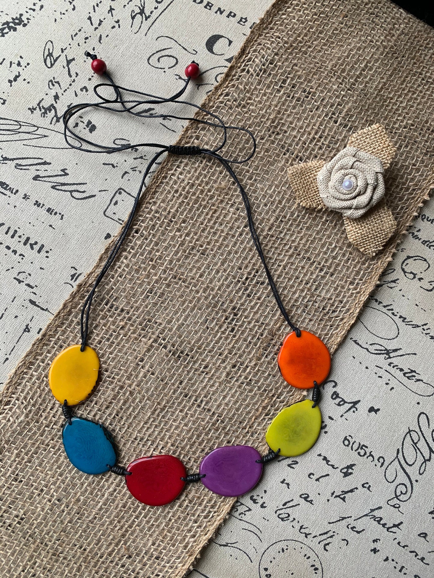 Rainbow single strand statement necklace Tagua necklace Multi color beaded handmade collar with adjustable leather Anniversary gift for wife