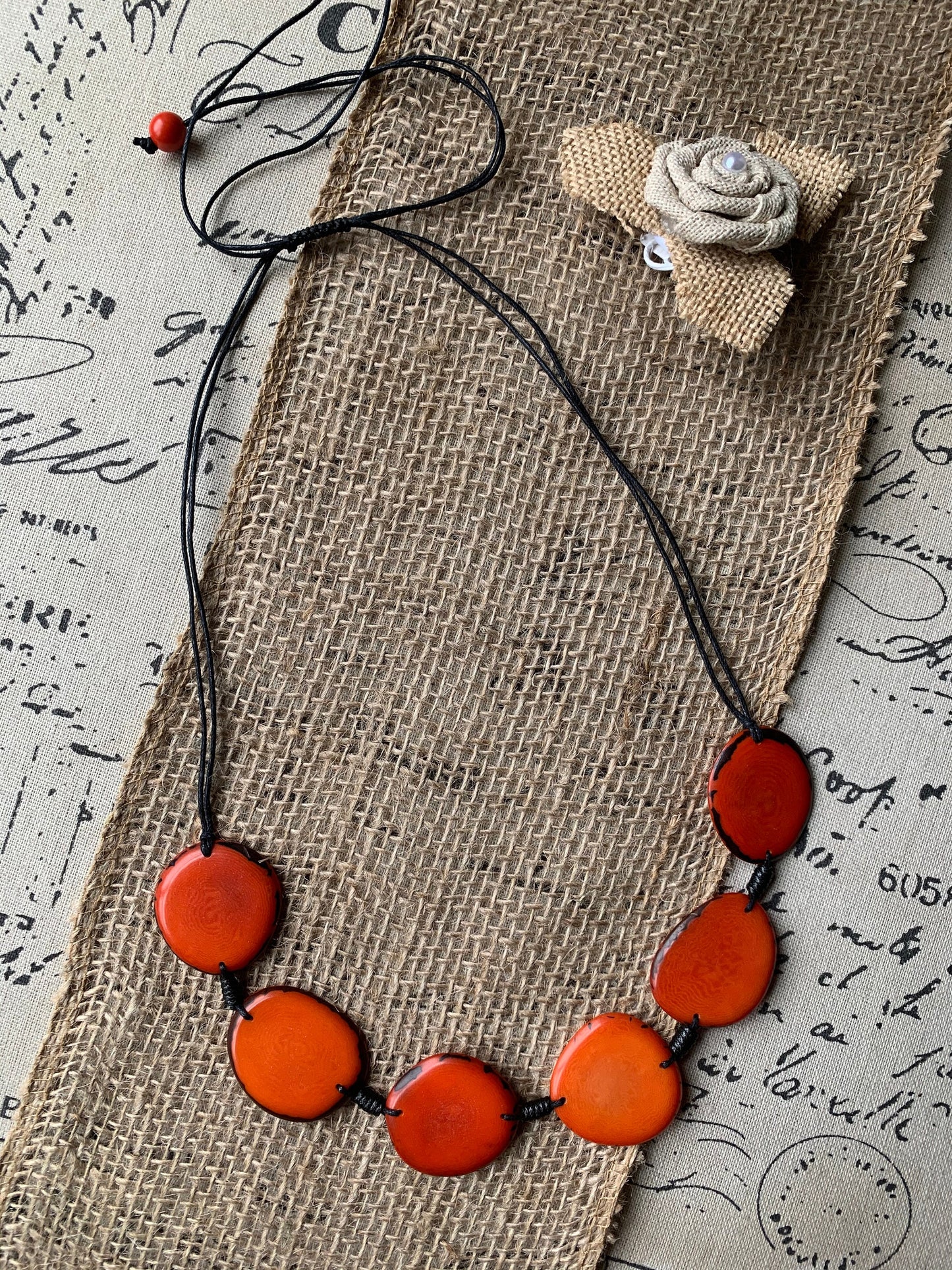 Burnt orange simple beaded necklace Fall fashion jewelry Tagua necklace Handmade with adjustable strap Unusual collar Single one strand