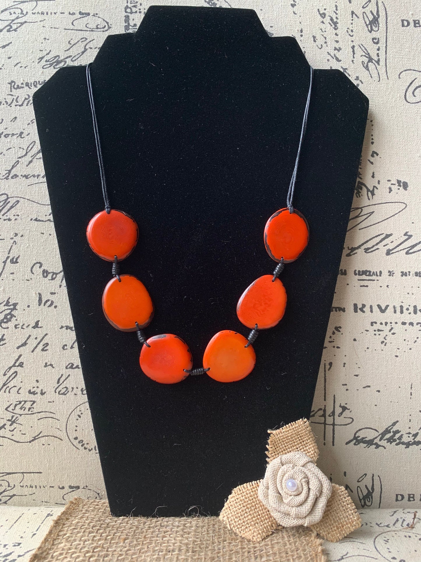 Burnt orange simple beaded necklace Fall fashion jewelry Tagua necklace Handmade with adjustable strap Unusual collar Single one strand