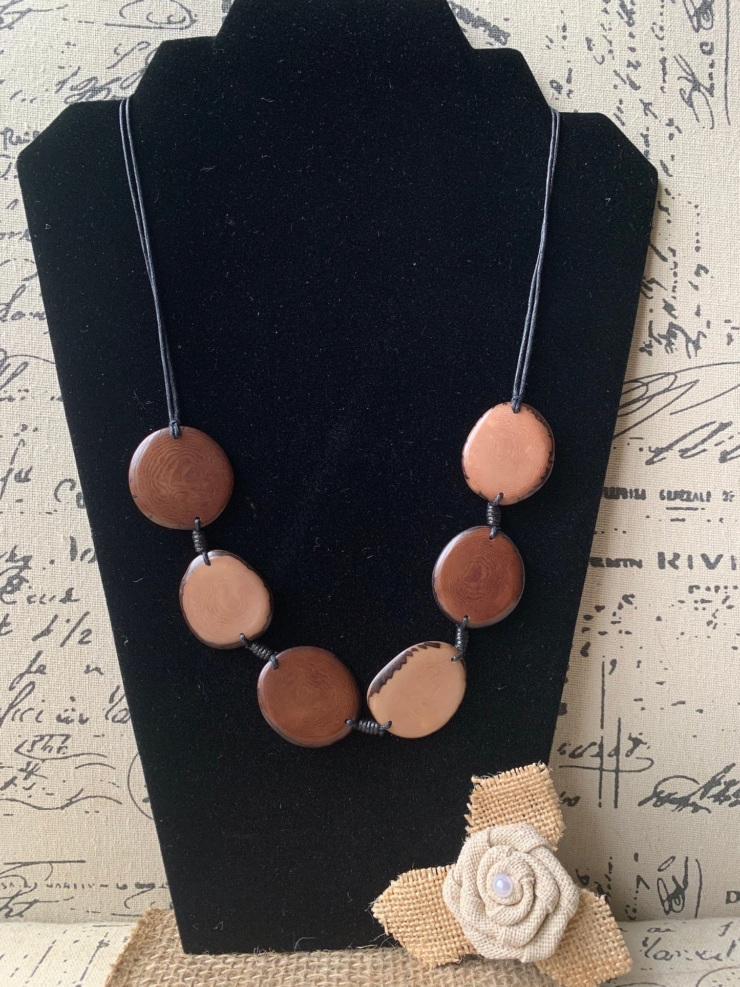 Brown statement necklace Tagua jewelry Bib chunky single strand necklace Artisan handmade Beaded collar Fall fashion trends Autumn style