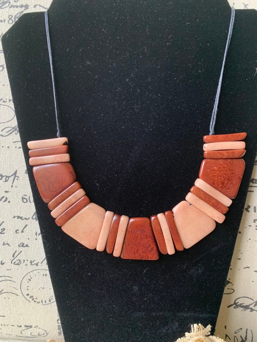 Brown bib necklace Tagua bib collar Fall fashion trends jewelry Anniversary gift idea for wife Artisan handmade Christmas gifts Autumn style
