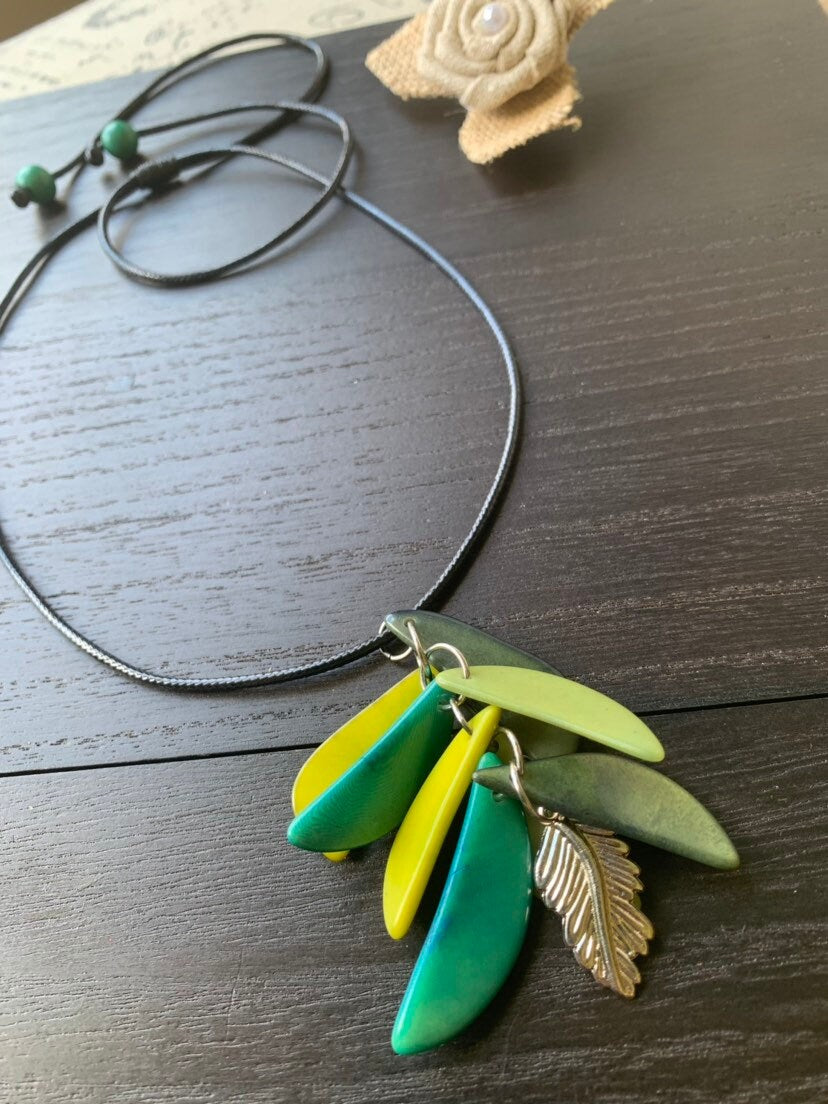 Green leaf necklace Tagua nut pendant Spring trendy fashion Anniversary gift for wife Artisan handmade in Colombia Cruise style for women
