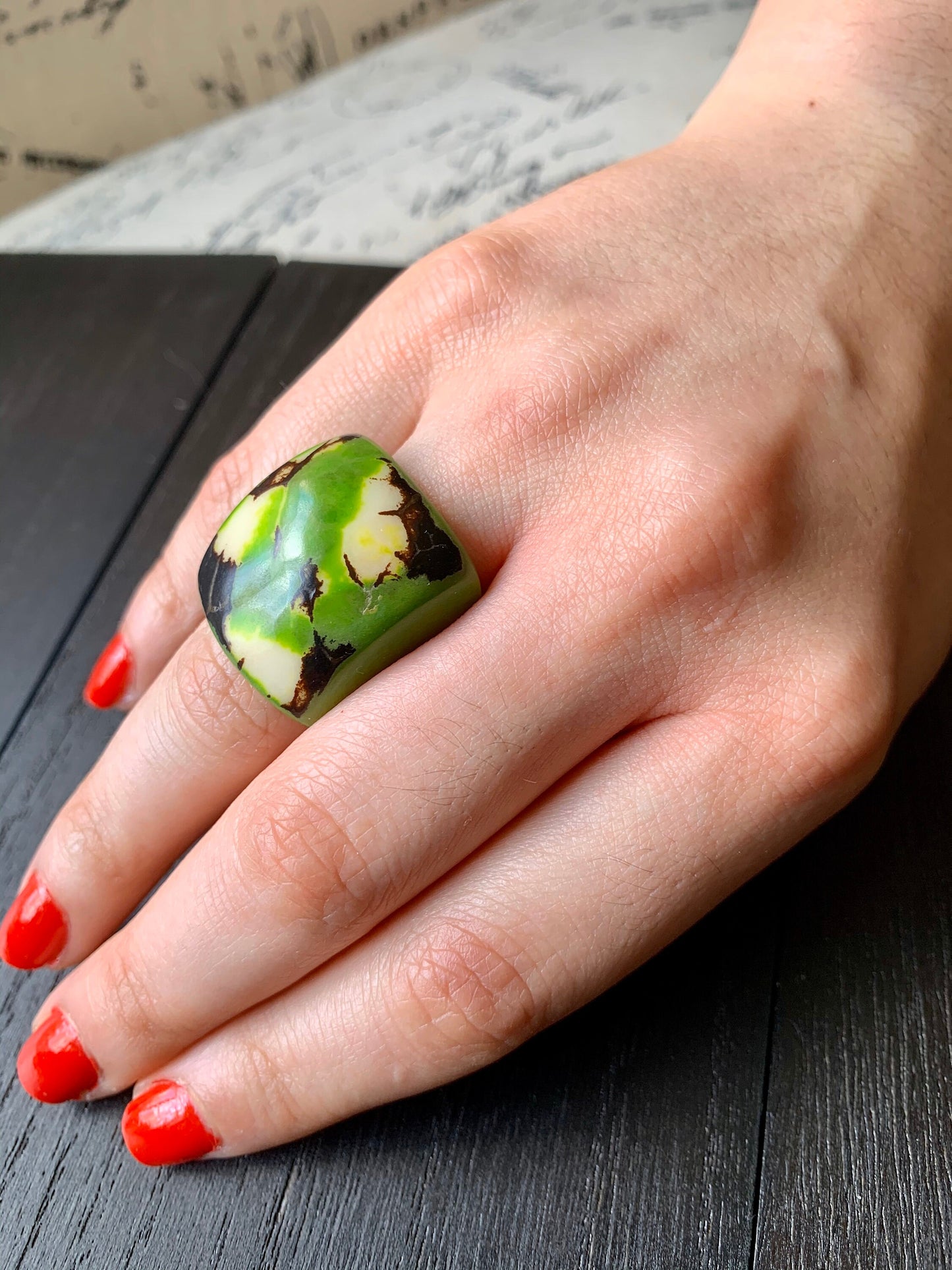 Green statement cocktail ring Tagua nut jewelry Big bold dramatic ring Beach wedding Anniversary gifts Huge oversized rings Artisan handmade