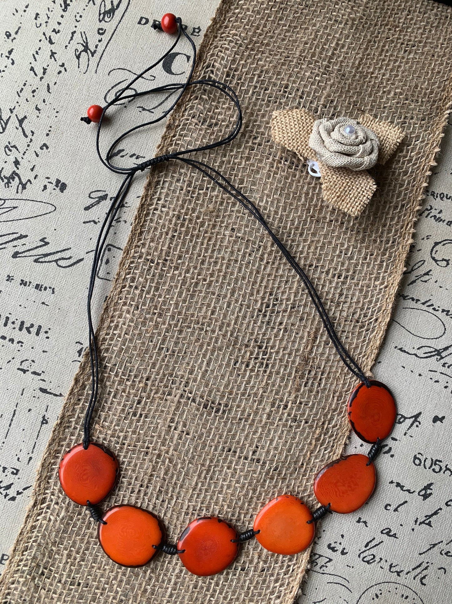 Burnt orange simple beaded necklace Fall fashion jewelry Tagua necklace Handmade with adjustable strap Unusual collar Single one strand
