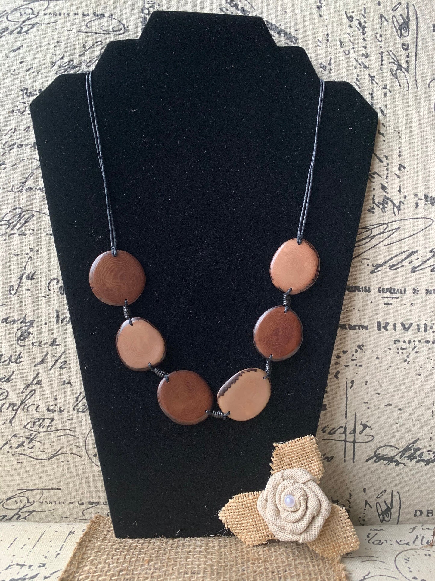 Brown statement necklace Tagua jewelry Bib chunky single strand necklace Artisan handmade Beaded collar Fall fashion trends Autumn style