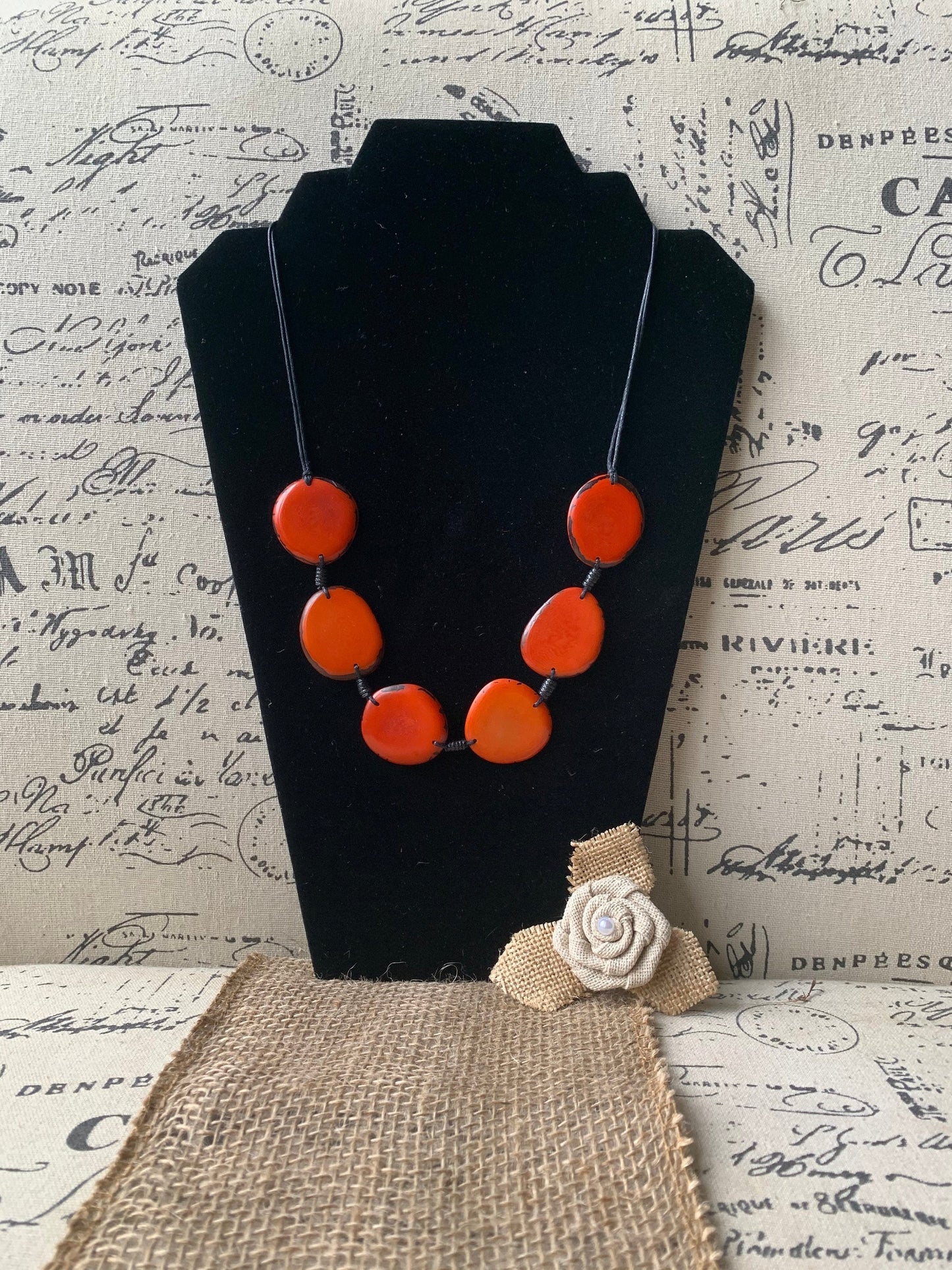 Burnt orange simple beaded necklace Fall fashion jewelry Tagua necklace Handmade with adjustable strap Unusual collar Single one strand