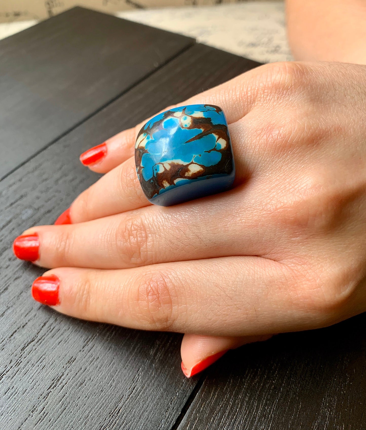 Turquoise statement large ring Tagua Unusual jewelry Cocktail rings for women Summer fashion Big bold chunky Beach trend Oversized huge ring