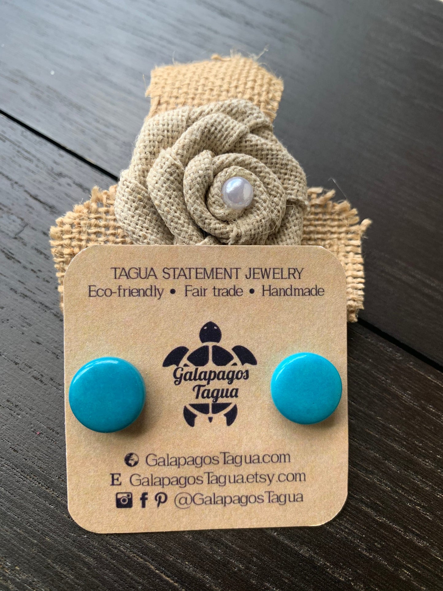 Turquoise blue stud earrings Geometric round studs Statement jewellery Tagua jewelry Plain Button earrings Resort wear Spring fashion trends