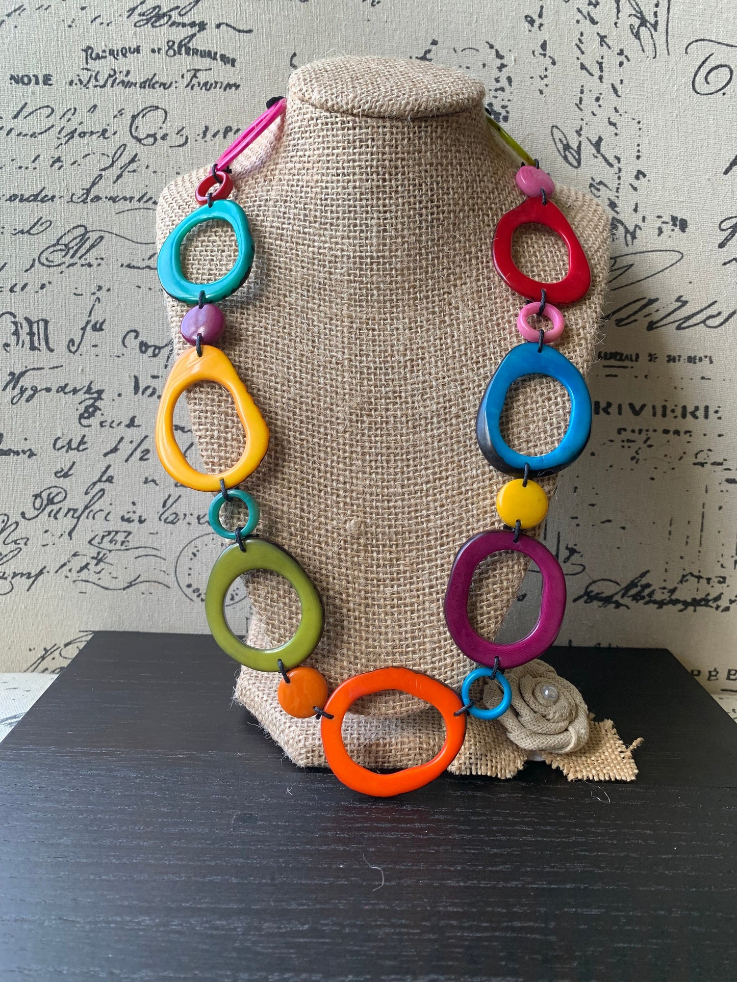 Rainbow statement necklace Tagua necklace Geometric jewelry Donut shape bead Spring fashion Anniversary gift for wife Lightweight adjustable