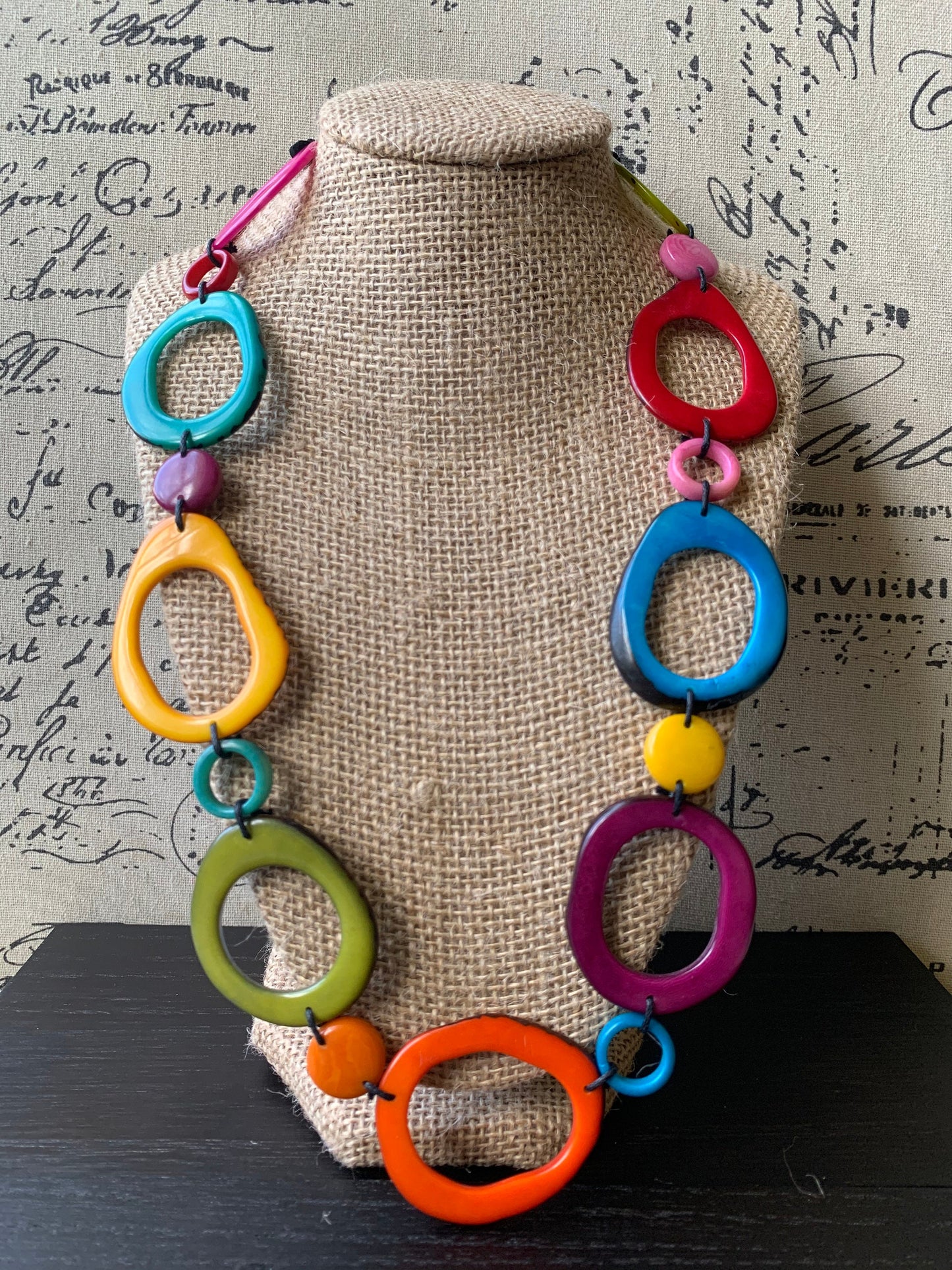 Rainbow statement necklace Tagua necklace Geometric jewelry Donut shape bead Spring fashion Anniversary gift for wife Lightweight adjustable