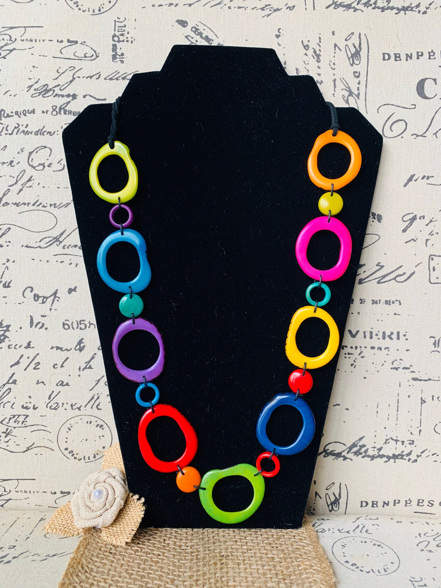 Rainbow statement necklace Tagua necklace Geometric jewelry Donut shape bead Spring fashion Anniversary gift for wife Lightweight adjustable