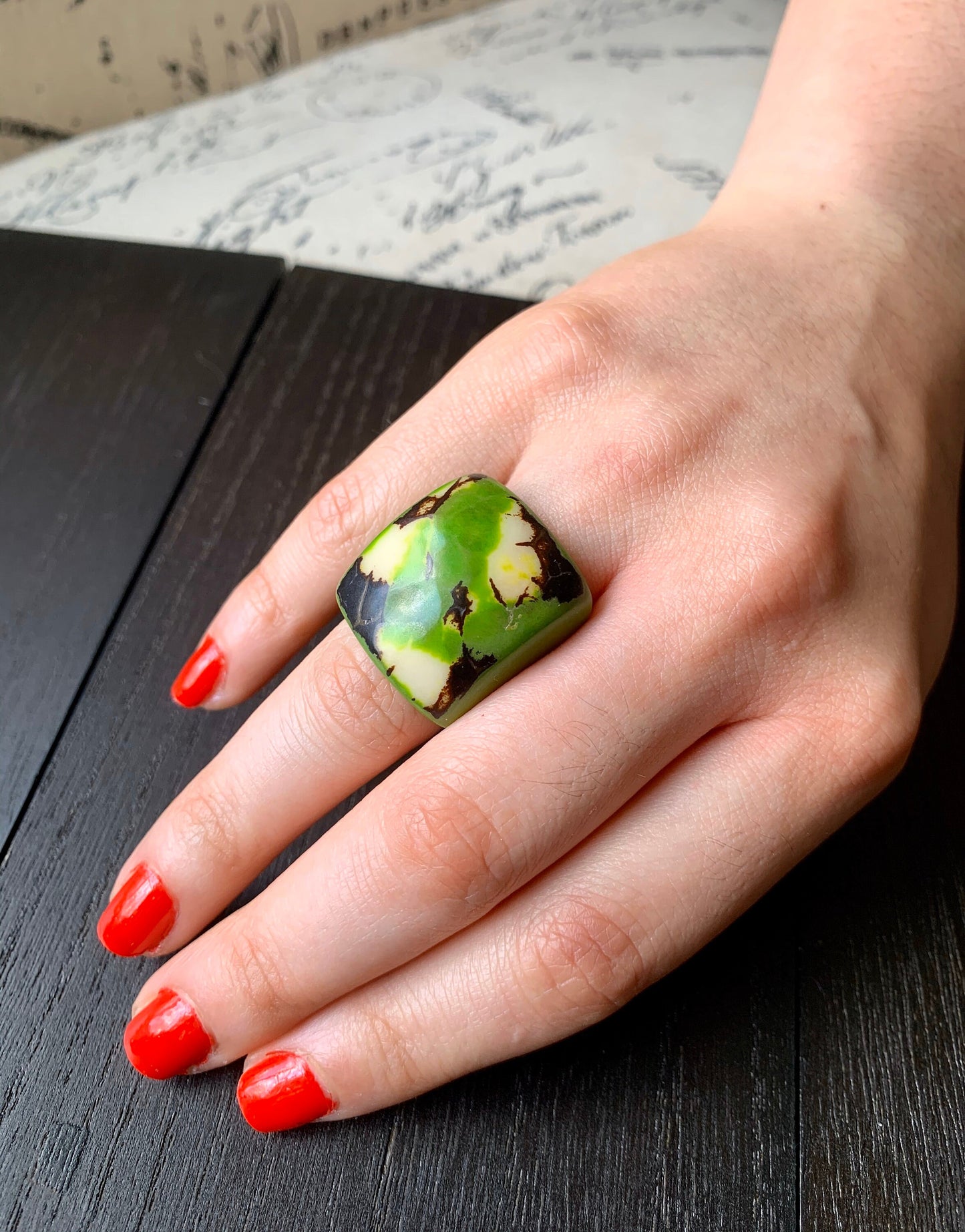 Green statement cocktail ring Tagua nut jewelry Big bold dramatic ring Beach wedding Anniversary gifts Huge oversized rings Artisan handmade