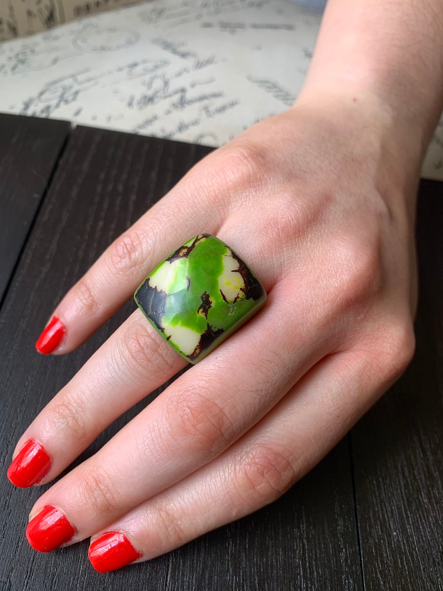 Green statement cocktail ring Tagua nut jewelry Big bold dramatic ring Beach wedding Anniversary gifts Huge oversized rings Artisan handmade
