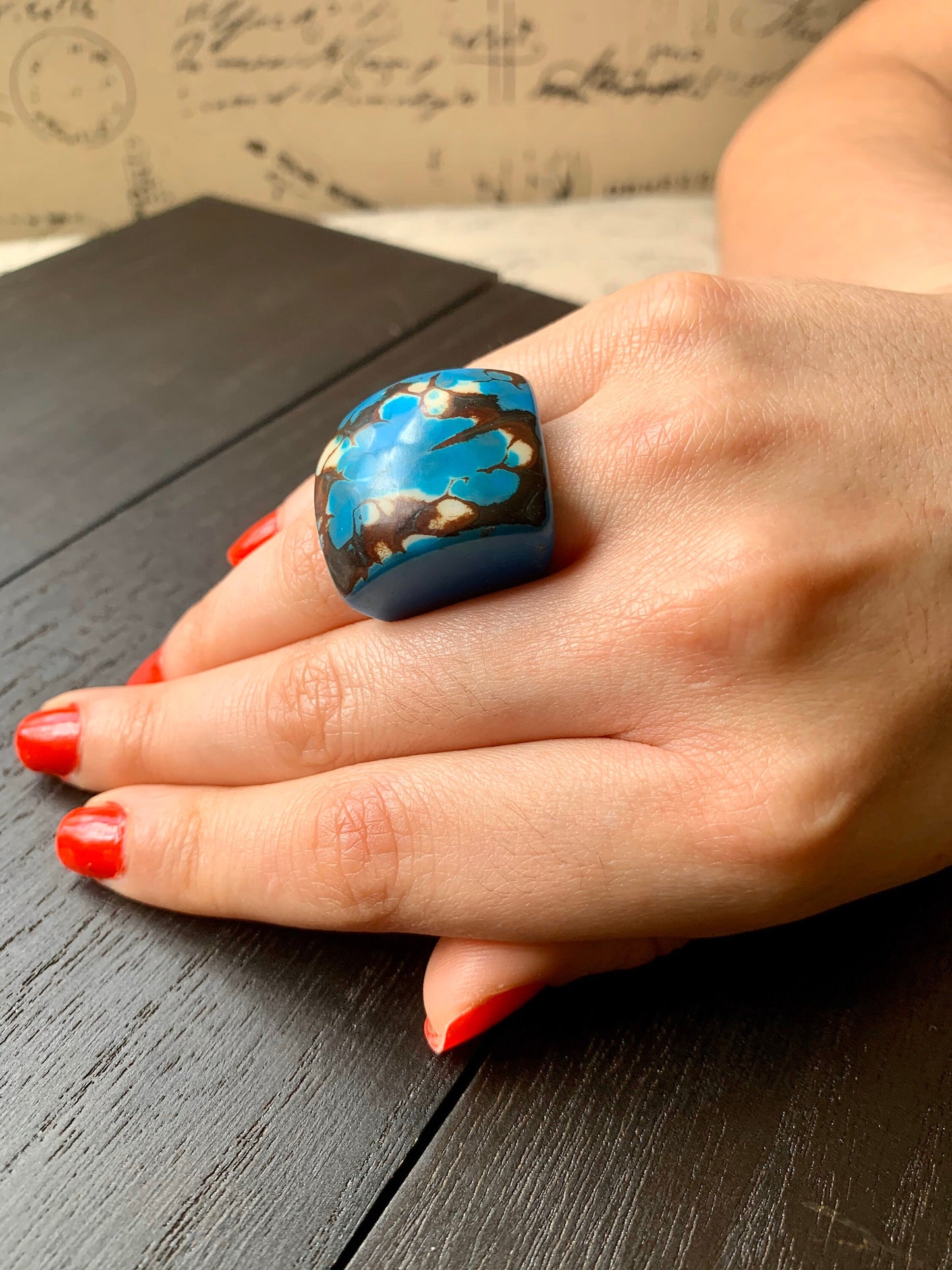Turquoise statement large ring Tagua Unusual jewelry Cocktail rings for women Summer fashion Big bold chunky Beach trend Oversized huge ring