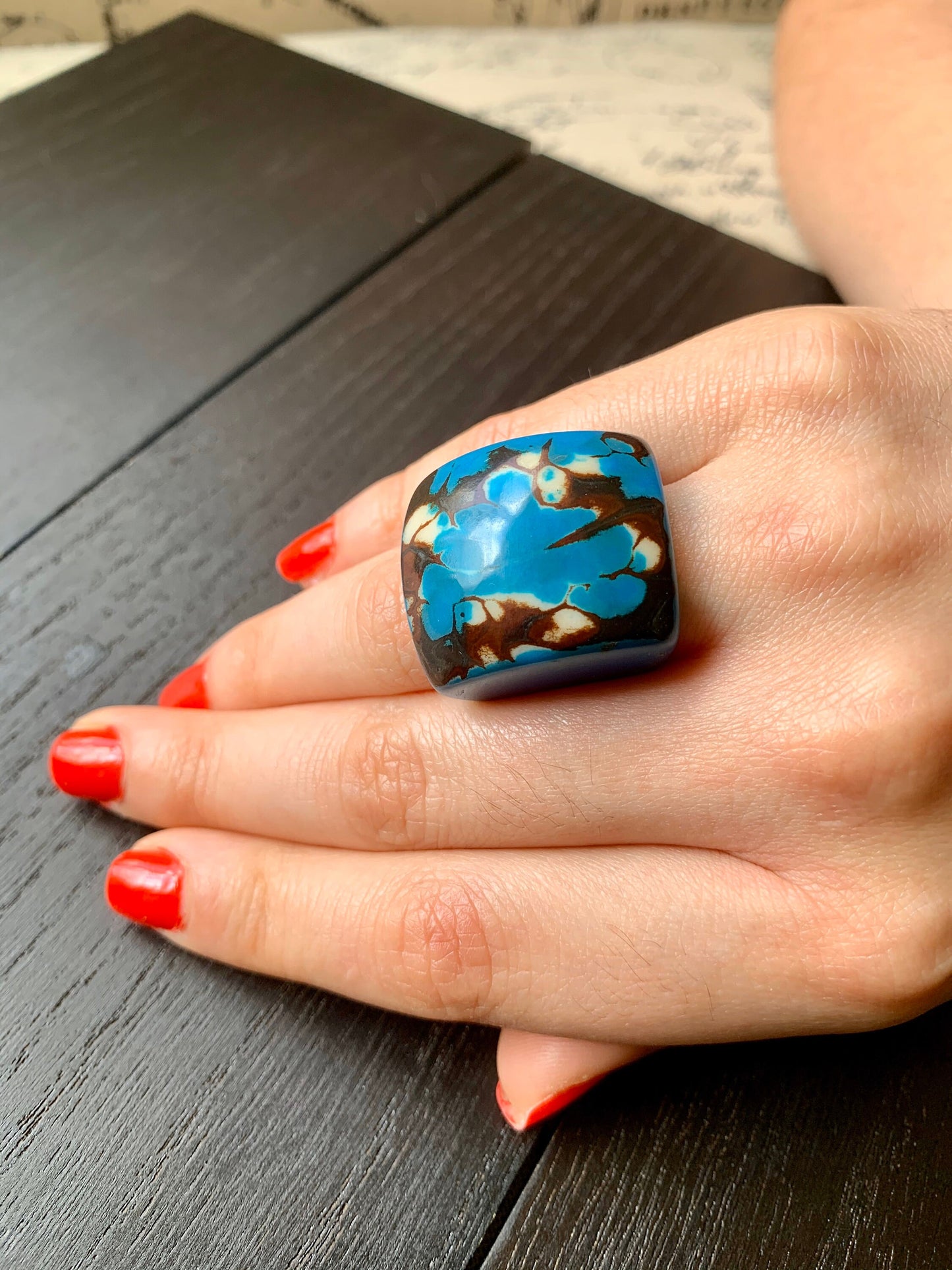 Turquoise statement large ring Tagua Unusual jewelry Cocktail rings for women Summer fashion Big bold chunky Beach trend Oversized huge ring