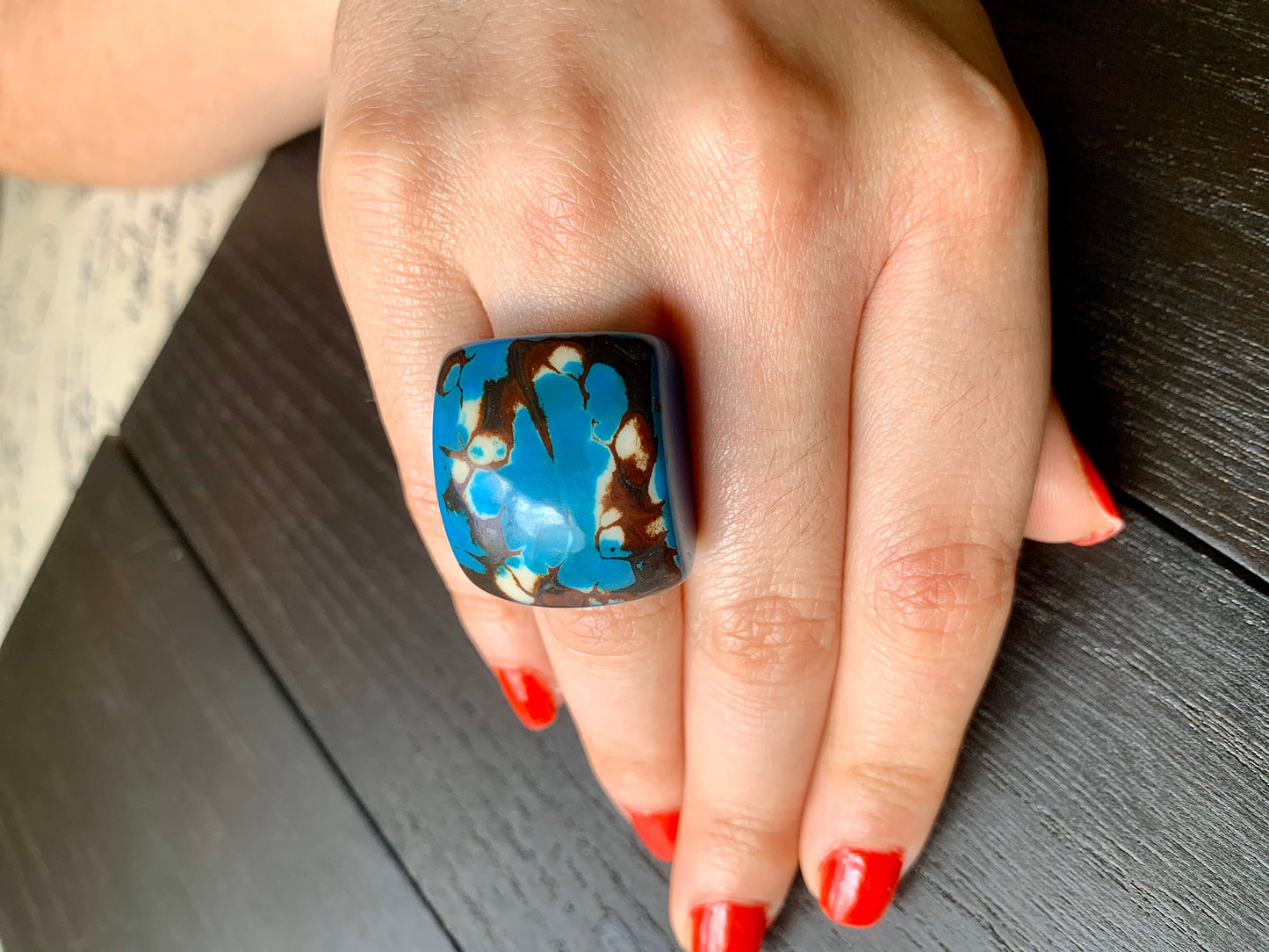 Turquoise statement large ring Tagua Unusual jewelry Cocktail rings for women Summer fashion Big bold chunky Beach trend Oversized huge ring