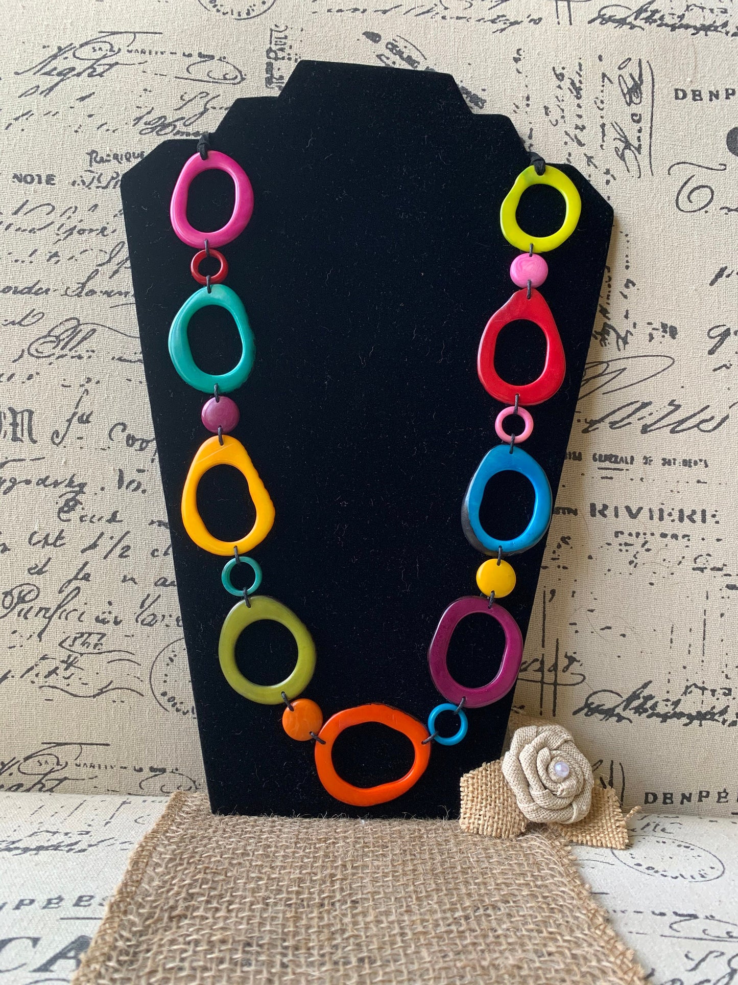 Rainbow statement necklace Tagua necklace Geometric jewelry Donut shape bead Spring fashion Anniversary gift for wife Lightweight adjustable