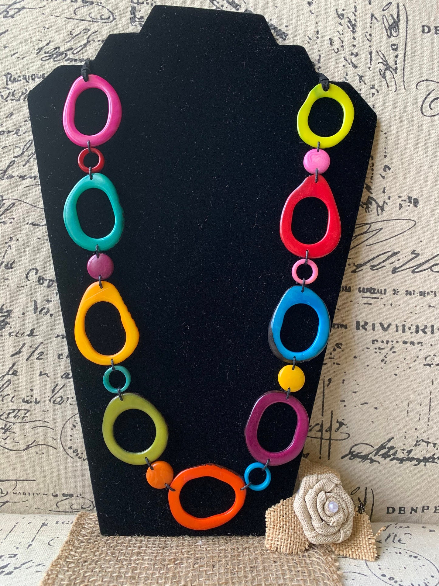 Rainbow statement necklace Tagua necklace Geometric jewelry Donut shape bead Spring fashion Anniversary gift for wife Lightweight adjustable