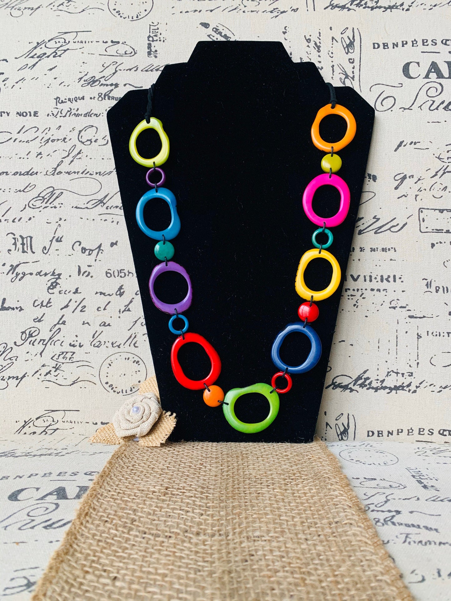 Rainbow statement necklace Tagua necklace Geometric jewelry Donut shape bead Spring fashion Anniversary gift for wife Lightweight adjustable