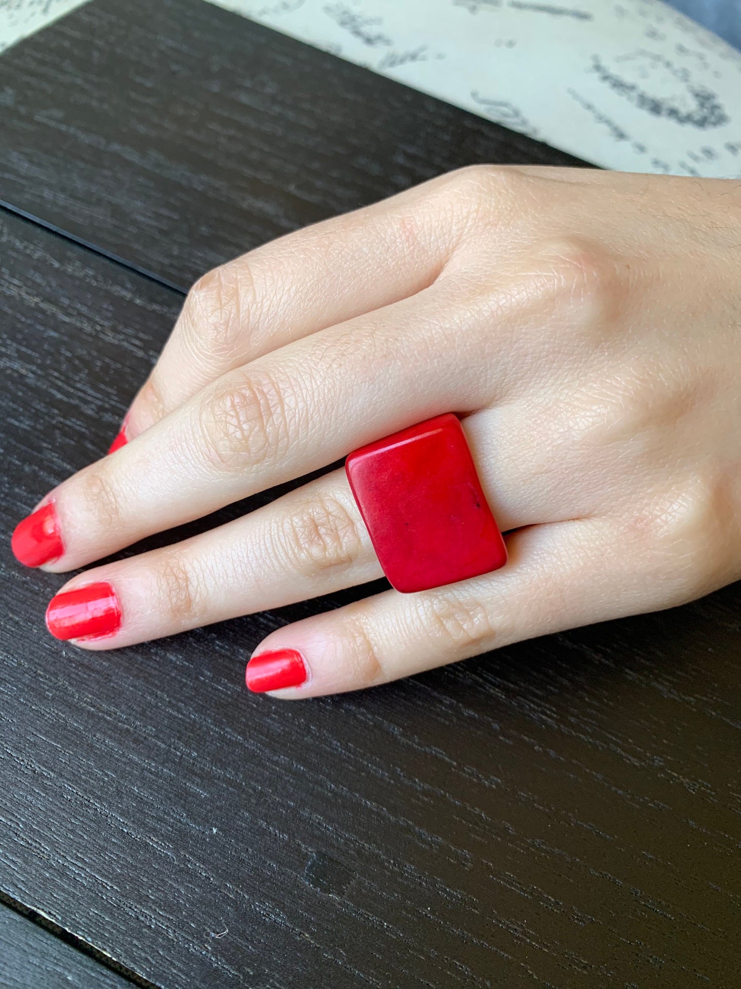 Big bold cocktail ring Red tagua Ring Unusual jewelry Spring fashion Large square ring Huge statement for women Summer fashion trends
