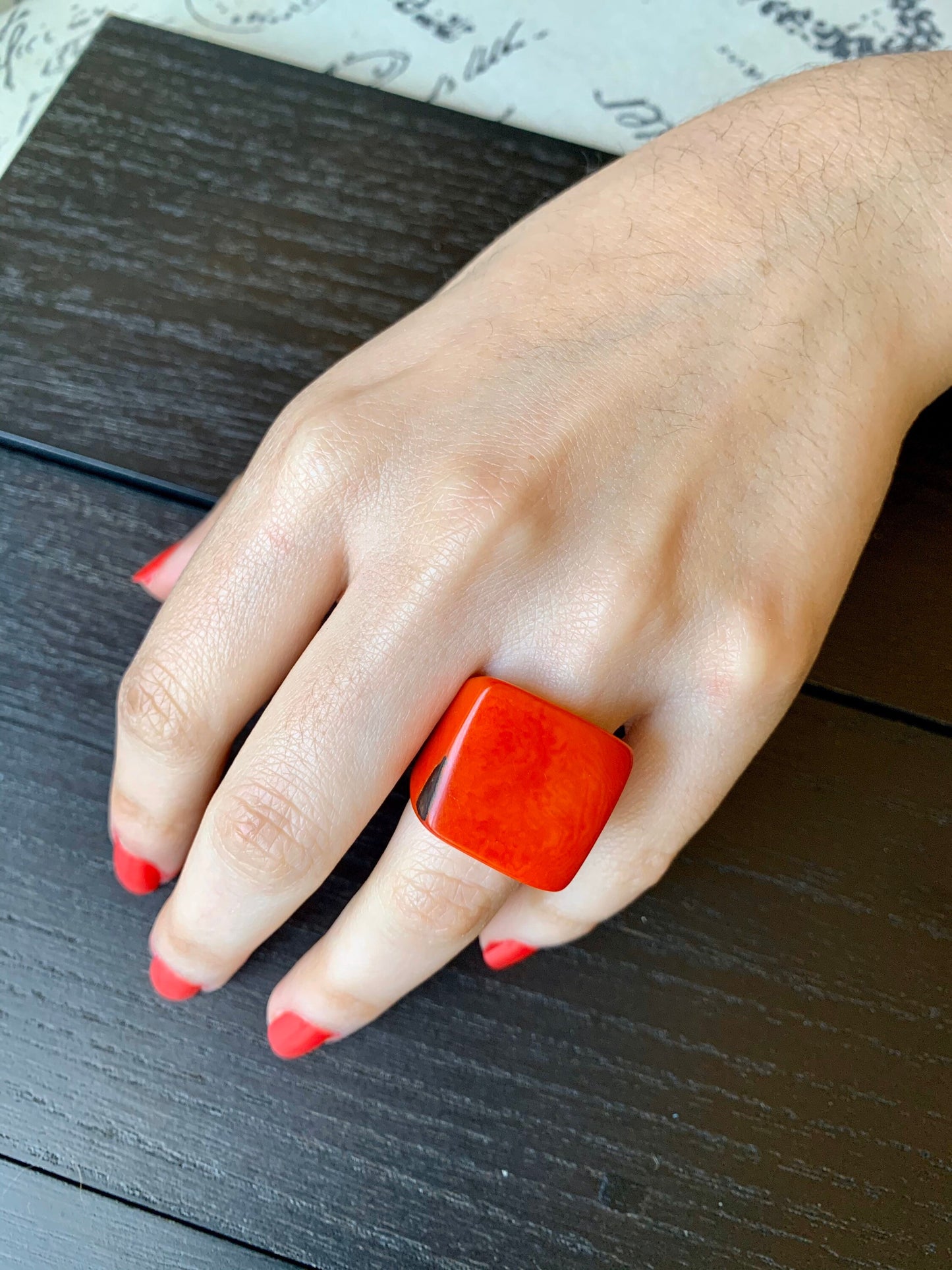 Cocktail ring made of Tagua Fashion women ring Burnt orange square ring Statement jewelry For summer wedding Beach fashion Anniversary gifts