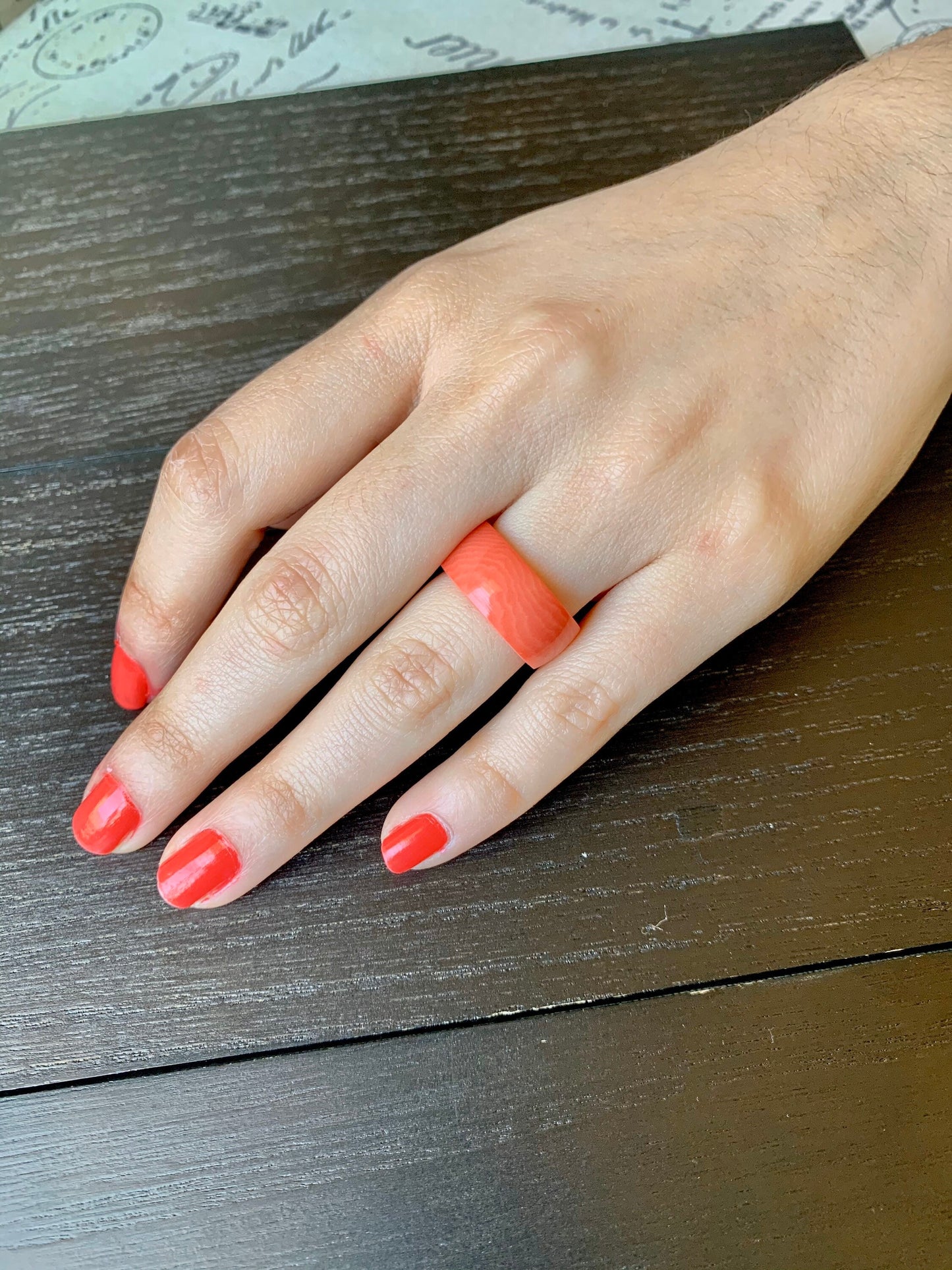 Salmon band ring Tagua jewelry Simple hand carved ring 10 mm Thick ring Fall wedding Beach wear Pink coral Plain ring for women her