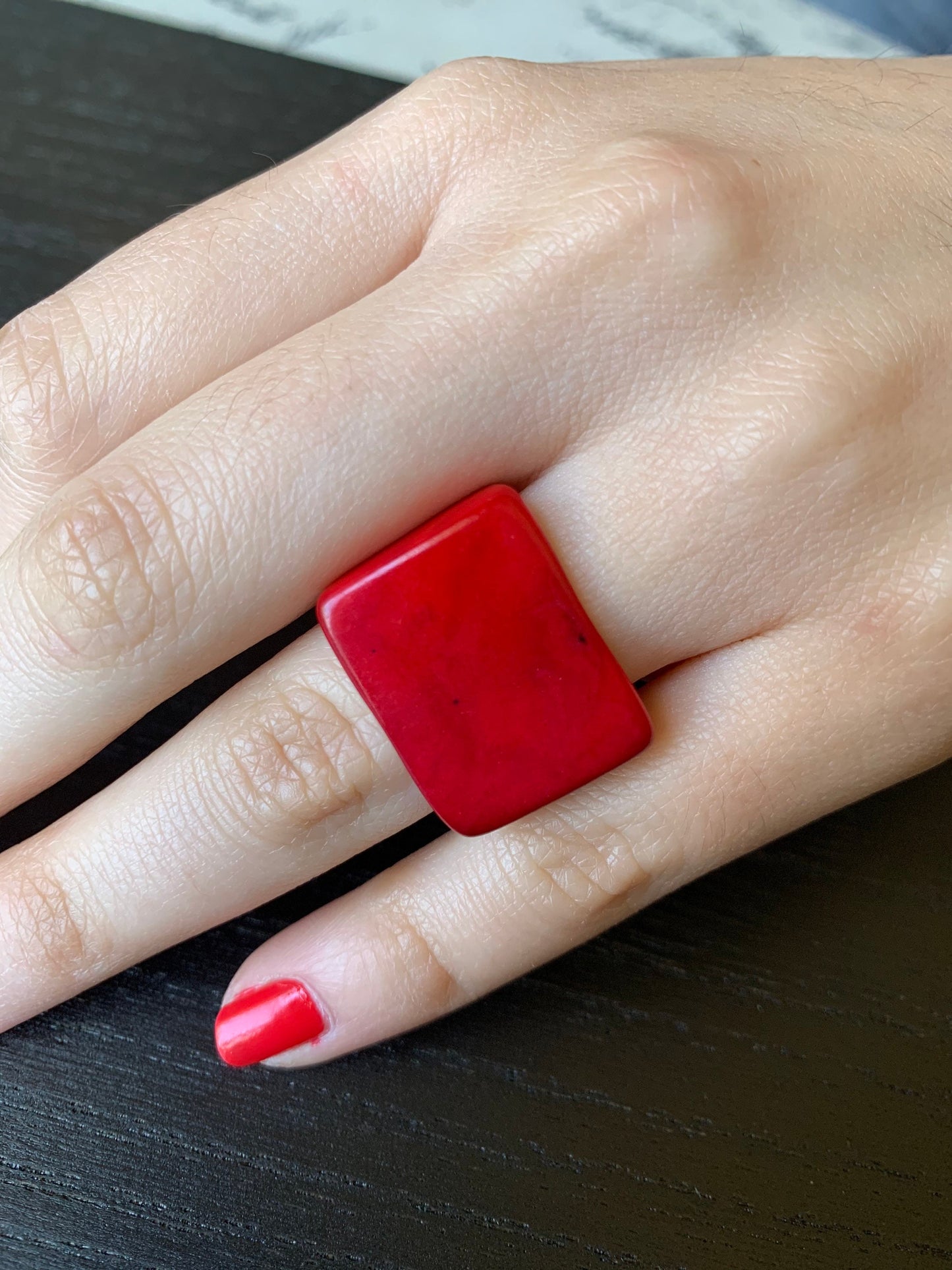 Big bold cocktail ring Red tagua Ring Unusual jewelry Spring fashion Large square ring Huge statement for women Summer fashion trends