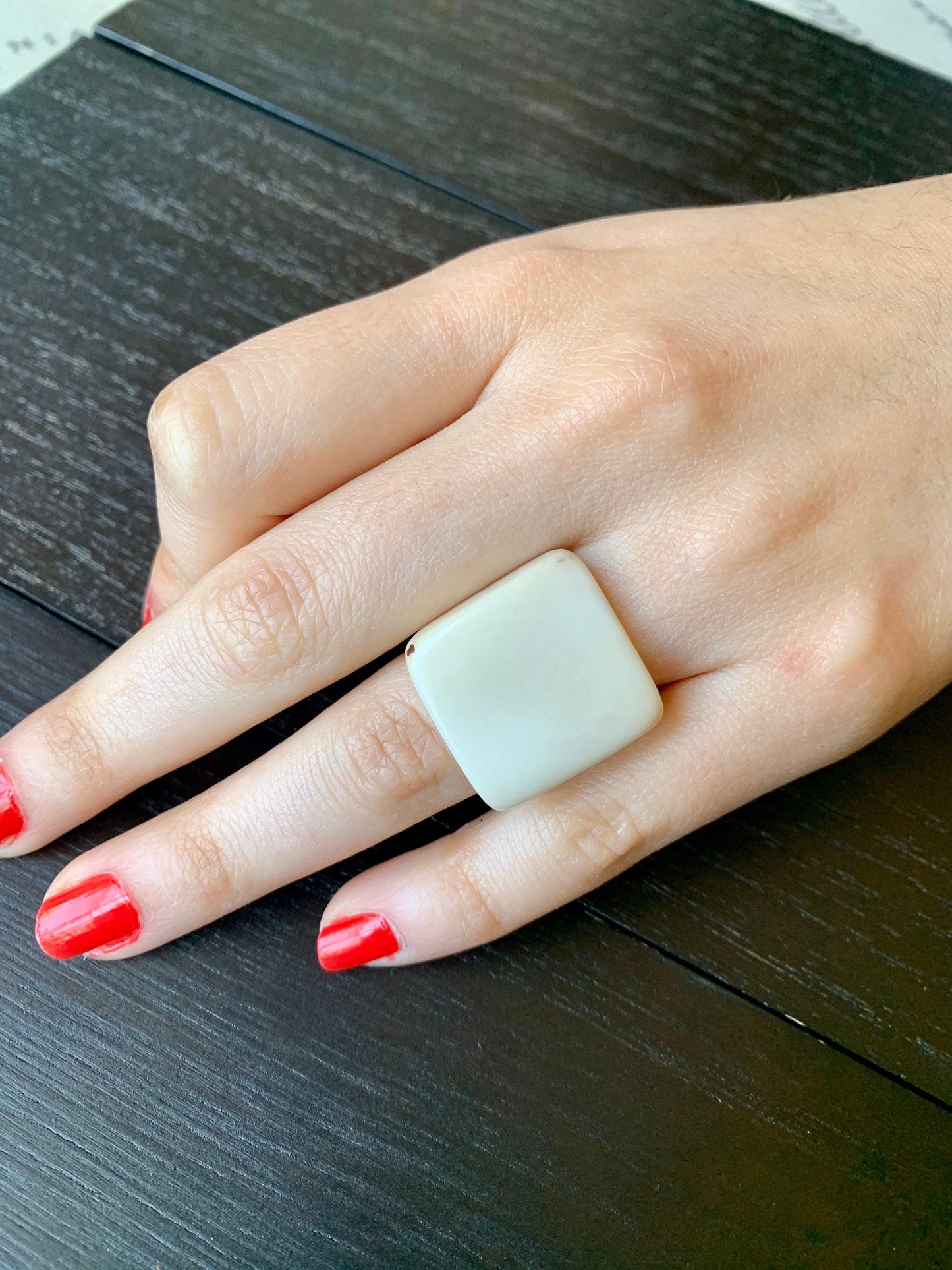 Ivory white Cocktail ring made of Tagua Statement jewelry For Summer wedding Square ring 14 year Anniversary gift for wife Beach fashion