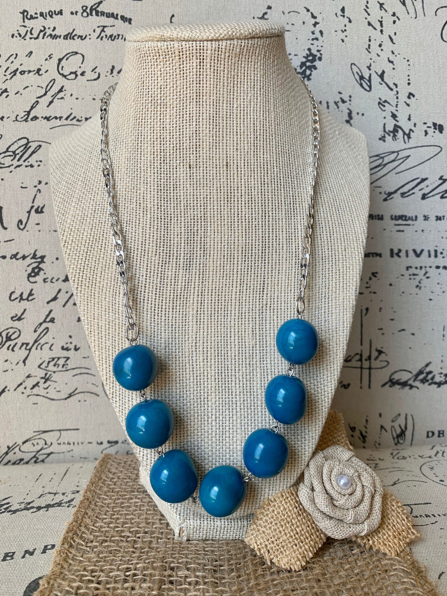 Turquoise blue Tagua necklace with silver chain Bubblegum bead necklace Anniversary gift for wife Fall trendy fashion Artisan handmade