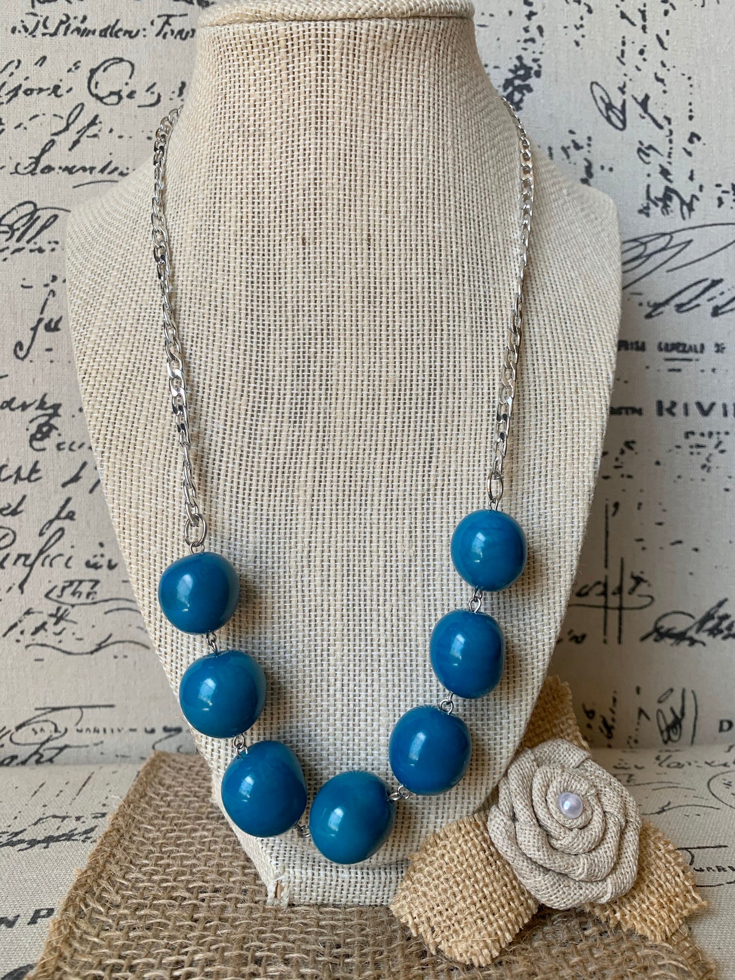 Turquoise blue Tagua necklace with silver chain Bubblegum bead necklace Anniversary gift for wife Fall trendy fashion Artisan handmade
