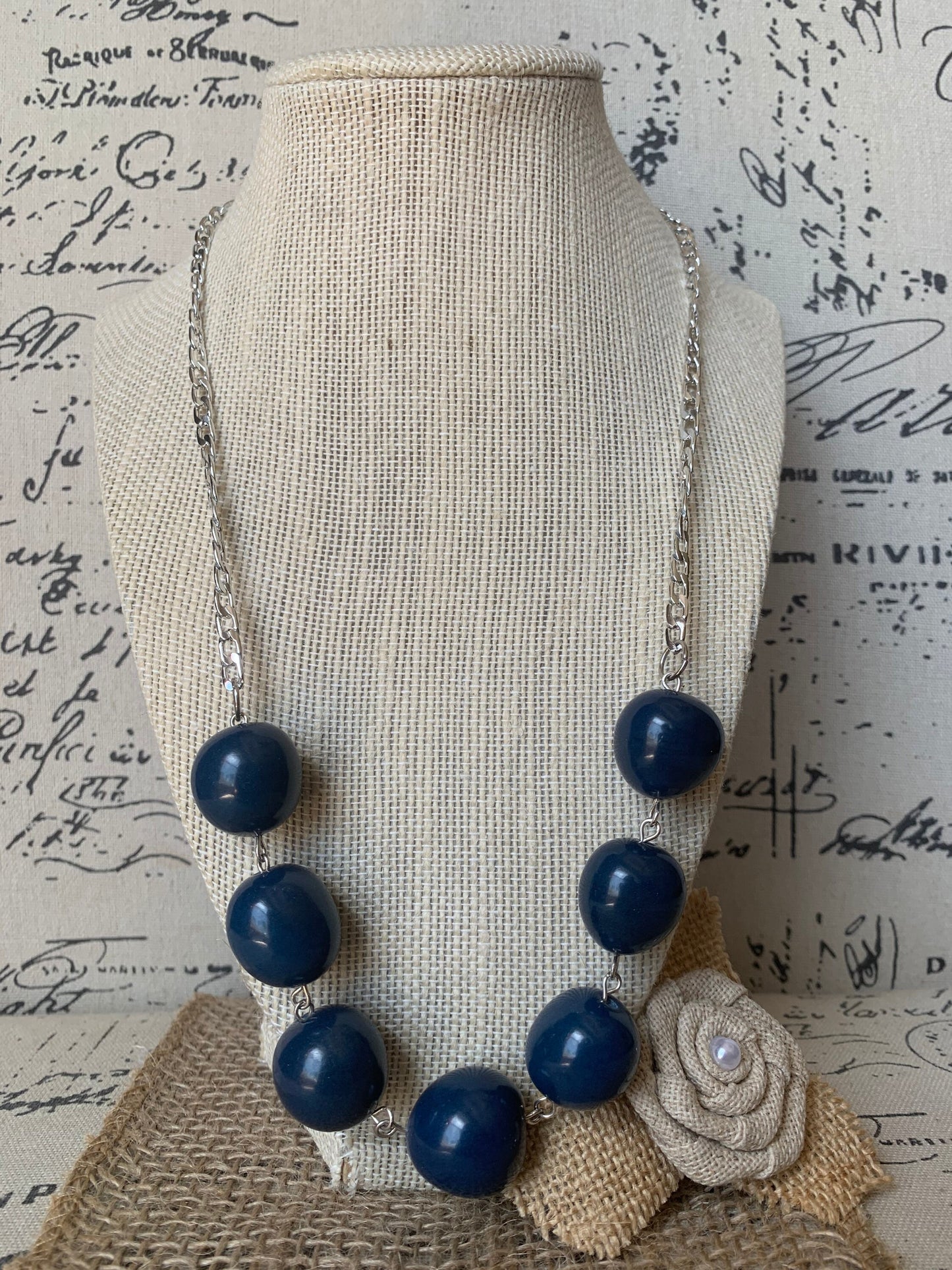 Navy blue Tagua necklace with silver chain Bubblegum bead necklace Anniversary gift for wife Beach trendy fashion Statement bib collar
